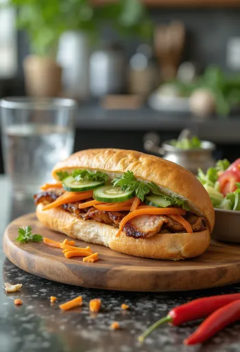 Bánh Mì Thịt sandwich daging sapi panggang disajikan dengan sayuran segar dan daun ketumbar
