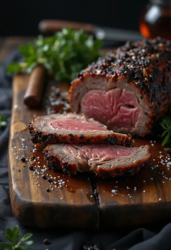 Irisan sandung lamur sapi BBQ yang juicy dengan cincin asap yang terlihat