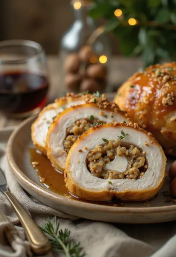 Irisan dada kalkun saftos diisi dengan chestnut, disajikan dengan sayuran.