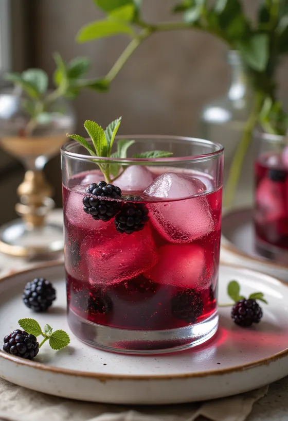 Cider jeruk blackberry minuman buah dihiasi dengan irisan jeruk dan blackberry