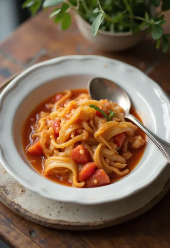 Kubis masak tomat disajikan dengan adas segar dan bakso juicy.