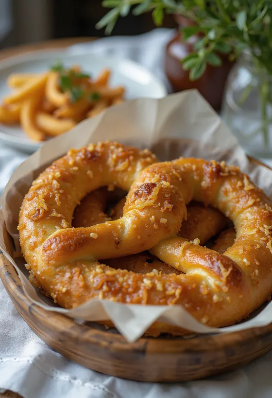 Pretzel bawang goreng baru dipanggang