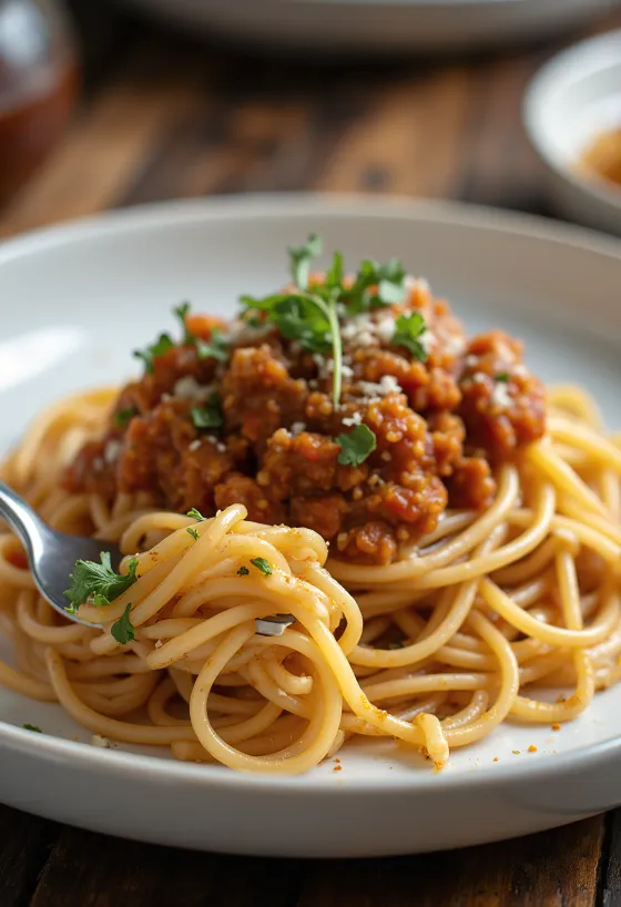 Spaghetti bolognese vegan dengan saus lentil disajikan di piring