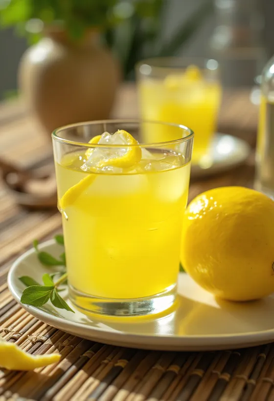 Likur lemon disajikan dalam botol