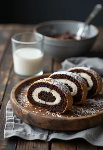 Bolu gulung biskuit cokelat dipotong-potong dan disajikan