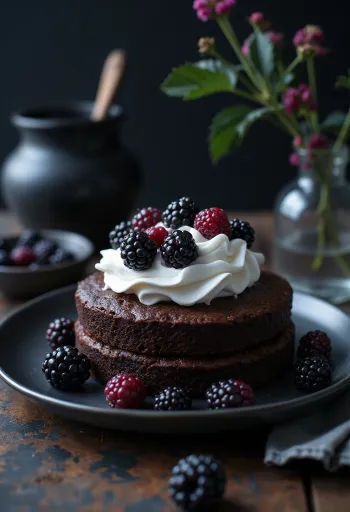 Kue cokelat blackberry dengan buah segar