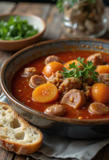 Sup goulash dengan sosis asap, kentang, dan peterseli segar
