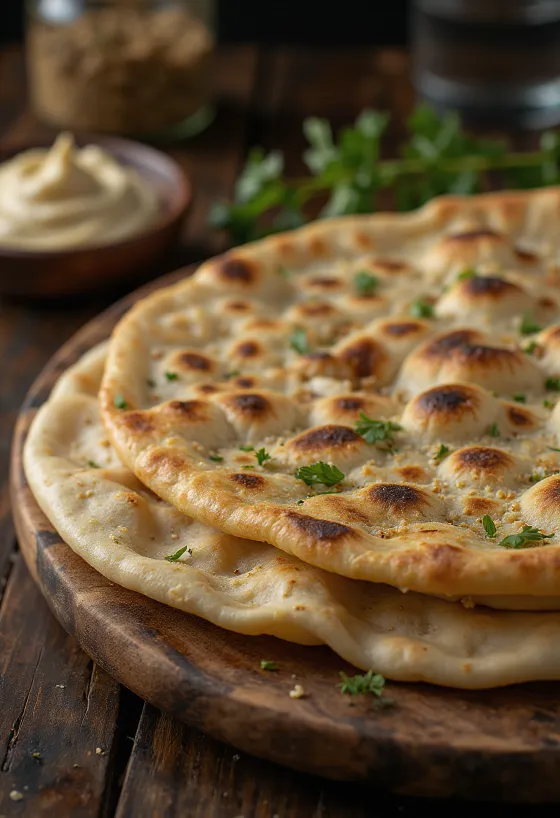 Roti pipih lavash tipis dan lentur disajikan dengan hummus