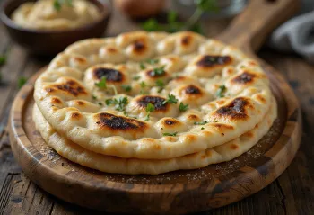 Roti pipih lavash tipis dan lentur disajikan dengan hummus