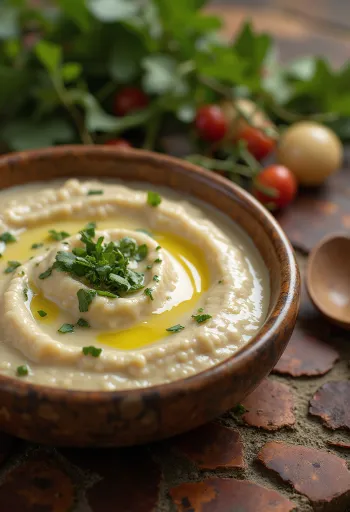 Saus tahini mint dalam mangkuk, dihiasi dengan mint segar.