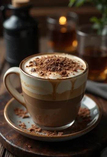 Latte cokelat madu dengan krim kocok dan serutan cokelat