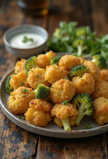 Brokoli goreng tepung renyah cokelat keemasan, disajikan di piring dengan irisan lemon segar.