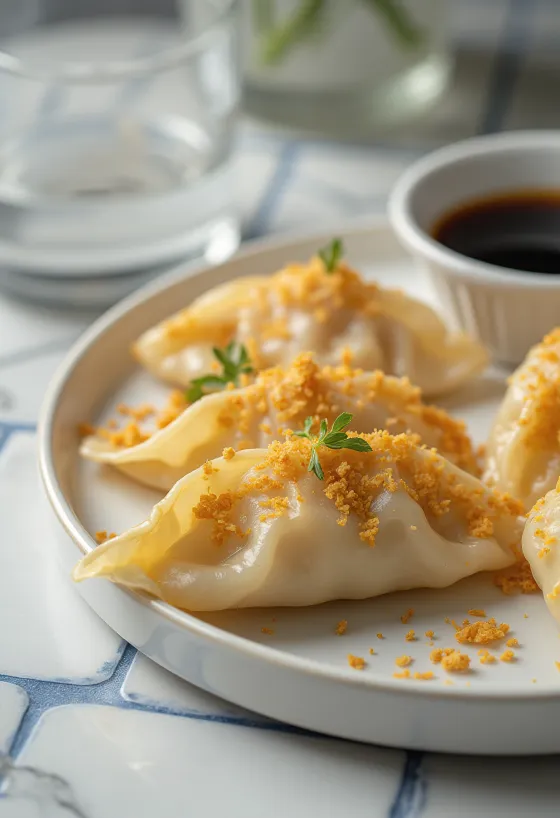 Scallop Gyoza disajikan dengan isian kerang simping dan saus celup kecap asin