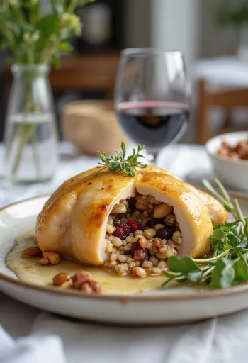 Burung puyuh isi dengan nasi liar disajikan di piring