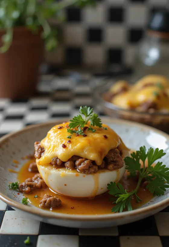 Terong isi dengan keju renyah di atasnya, ditaburi rempah segar