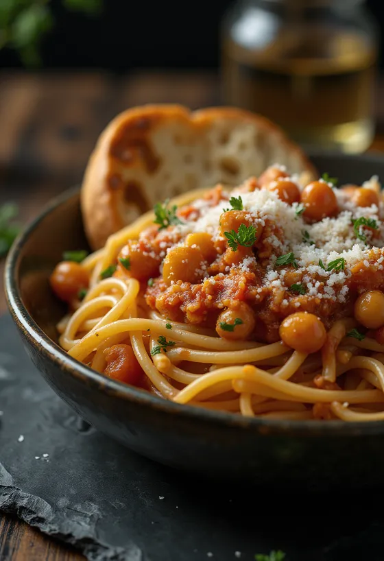Pasta bolognese vegan dengan kacang arab disajikan di piring putih
