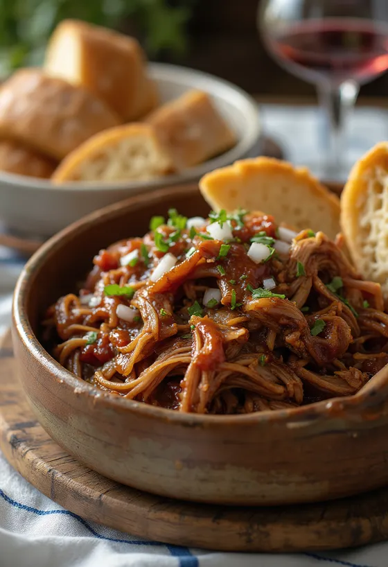 Sandwich daging sapi suwir (pulled beef) yang melimpah dengan saus dan acar