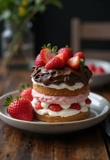 Kue keju cottage cokelat stroberi dihiasi dengan stroberi segar dan serutan cokelat