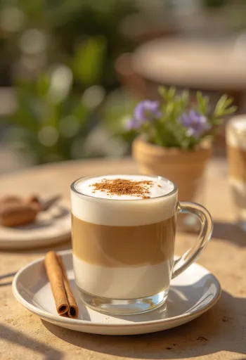 Latte kayu manis mint dengan hiasan batang kayu manis dan daun mint segar