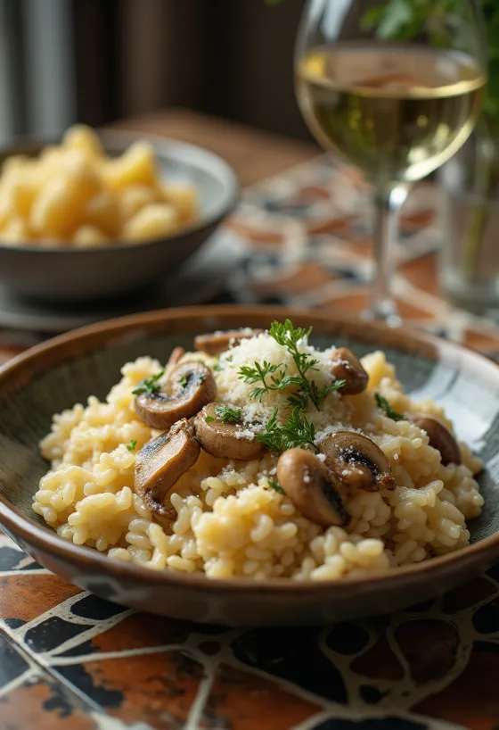 Risotto jamur disajikan dengan rempah segar dan keju parmesan