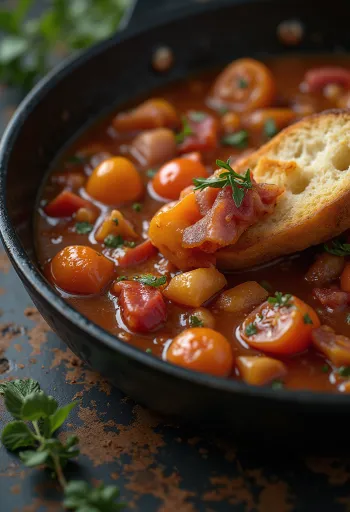 Lecso disajikan dengan paprika segar, tomat, dan sosis asap