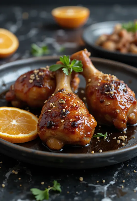 Bebek panggang saus madu, disajikan dengan irisan jeruk dan rosemary