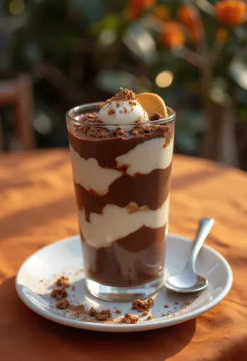 Parfait Cokelat Gelas berlapis, dihiasi dengan serutan cokelat