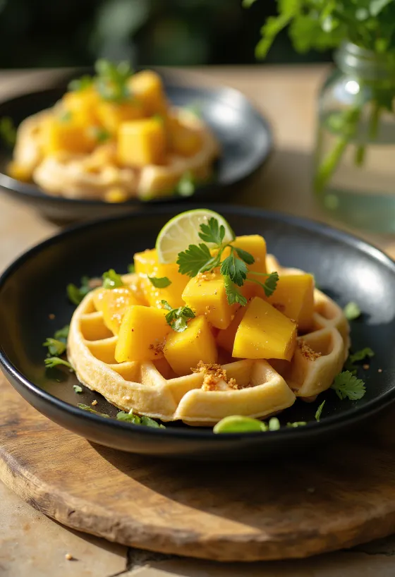 Waffle fusion dengan santan, keju parut, mangga, dan serpihan cabai disajikan