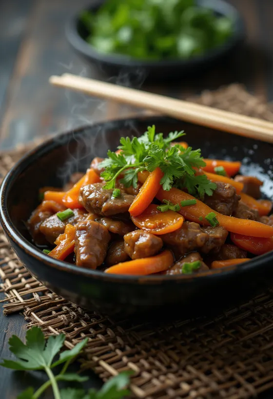 Tumis daging sapi jahe di wok disajikan dengan sayuran