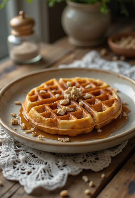 Wafel karamel dengan krim kocok segar dan saus karamel