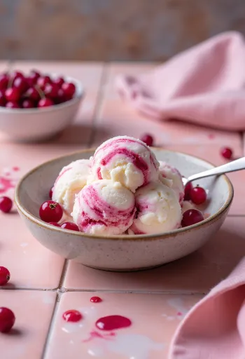 Es Krim Keju Cottage Red Currant disajikan