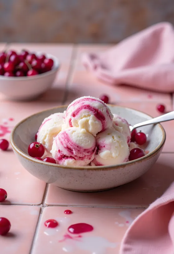 Es Krim Keju Cottage Red Currant disajikan