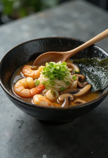 Seafood ramen disajikan dengan makanan laut