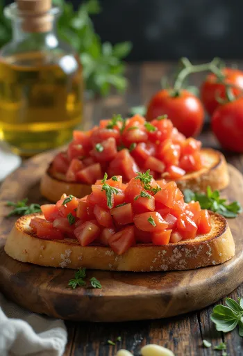Bruschetta vegan dengan tomat dan kemangi di atas papan saji