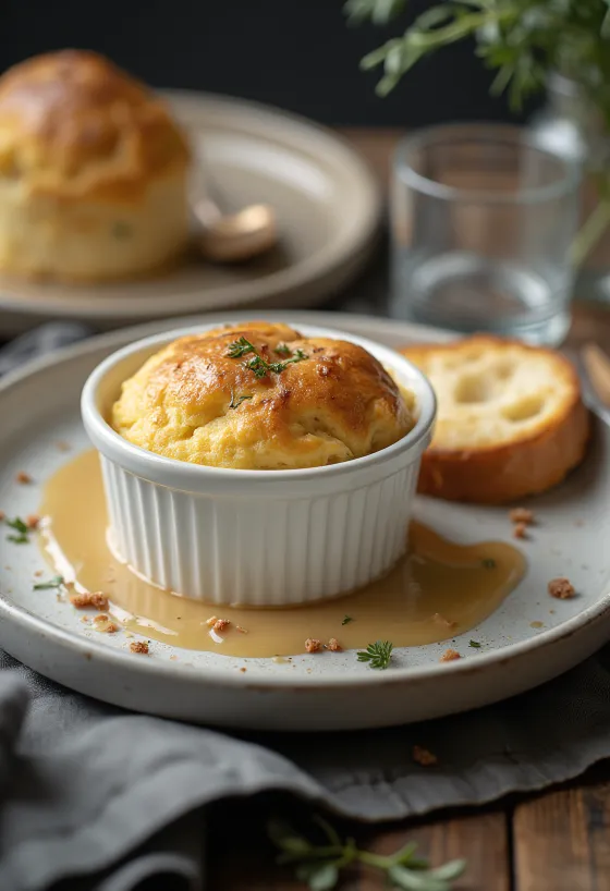 Gâteau de foie disajikan dengan roti panggang dan salad