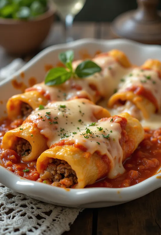 Cannelloni daging dengan saus tomat dan keju meleleh disajikan