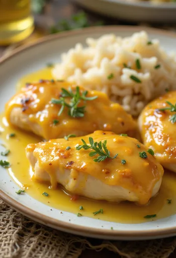 Dada ayam madu mustard yang saus dipanggang renyah, disajikan dengan sayuran segar