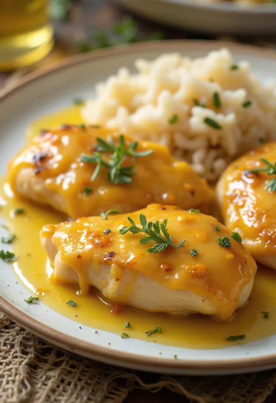 Dada ayam madu mustard yang saus dipanggang renyah, disajikan dengan sayuran segar