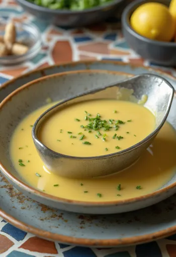 Saus krim lemon mustard dalam mangkuk, dihiasi dengan peterseli segar.