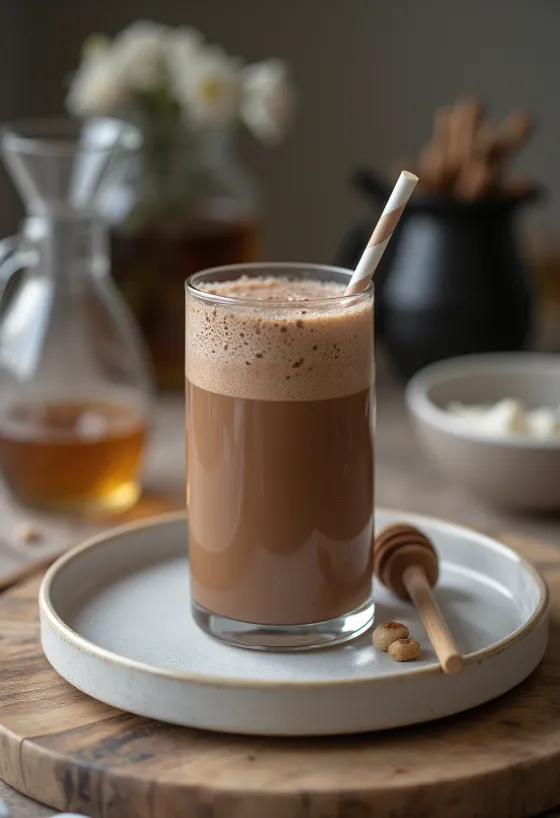 Milkshake cokelat disajikan dalam gelas