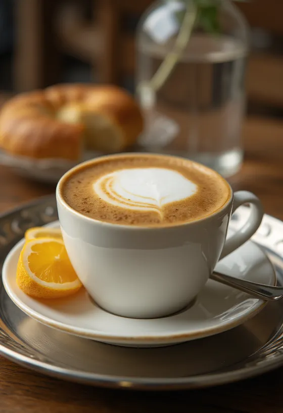 Latte kayu manis jahe dalam cangkir dengan batang kayu manis