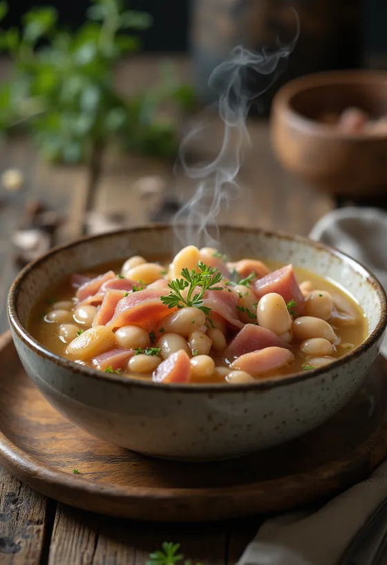 Daging sapi asap dengan kacang disajikan, dihiasi peterseli segar