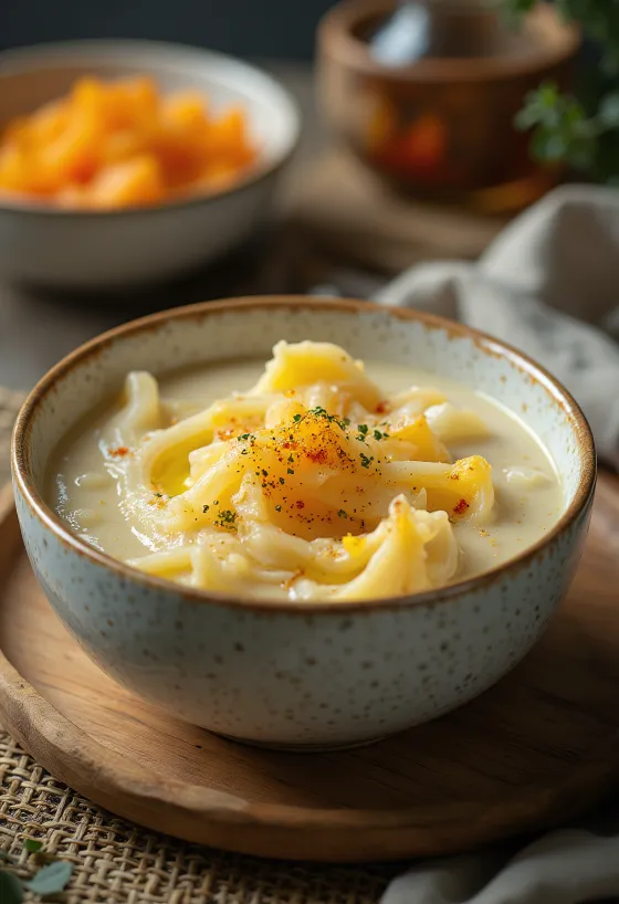 Sayur labu krimi dengan dill dan krim asam, disajikan dengan roti gulung renyah segar.