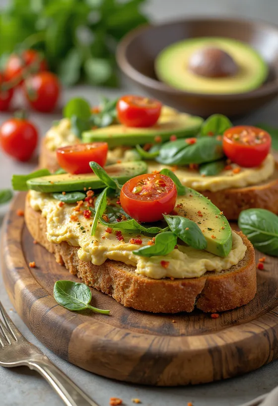 Sandwich panggang vegan dengan hummus, alpukat dan tomat ceri