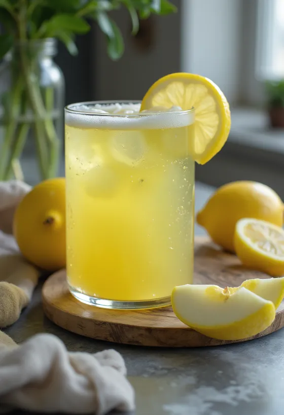 Jus apel lemon dalam gelas tinggi, dihiasi dengan irisan apel dan lemon segar