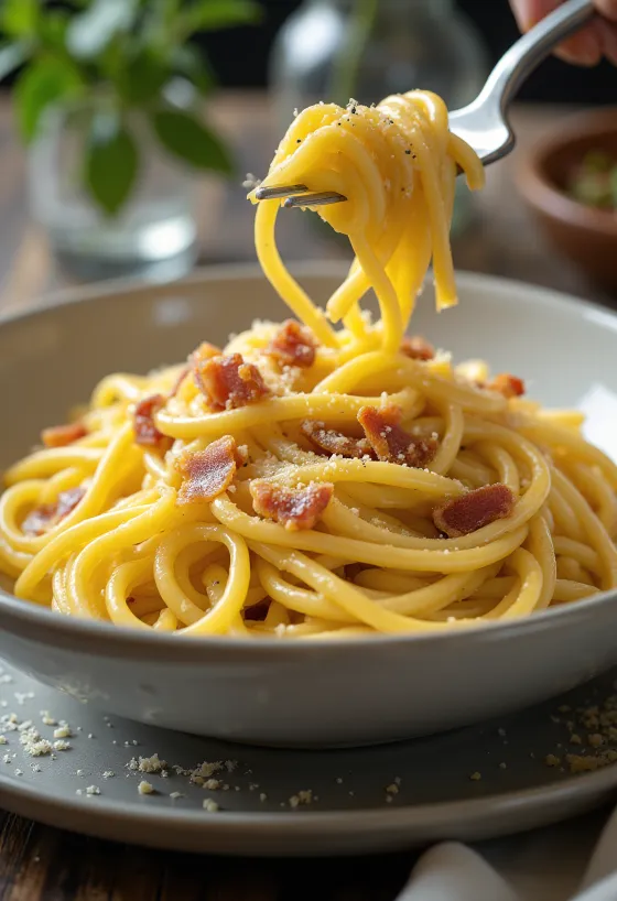 Pasta carbonara creamy dengan taburan lada hitam dan daging asap