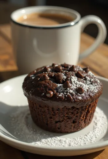 Muffin Cokelat Chip Dobel disajikan di atas piring
