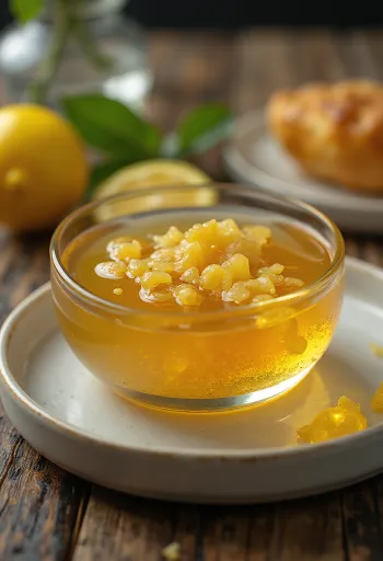 Glasir lemon madu jahe dalam mangkuk, dihiasi dengan irisan lemon dan jahe.