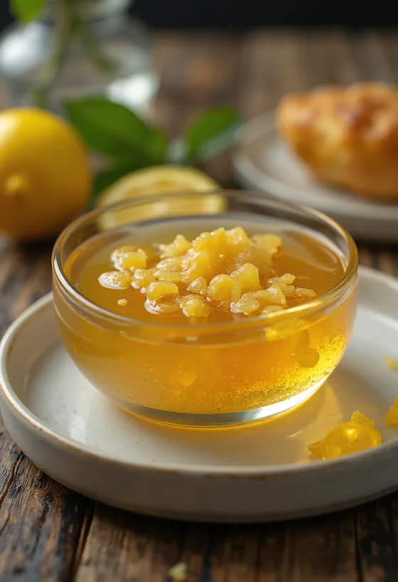 Glasir lemon madu jahe dalam mangkuk, dihiasi dengan irisan lemon dan jahe.