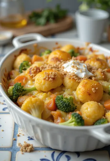 Casserole sayuran dengan sayuran panggang lunak, saus krim, dan keju leleh di atasnya